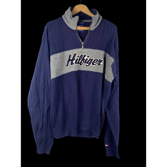Tommy Hilfiger Sweater XL Mens Spell Out 1/4 Zip Ribbed Knit Pullover Blue Vtg - Picture 1 of 5